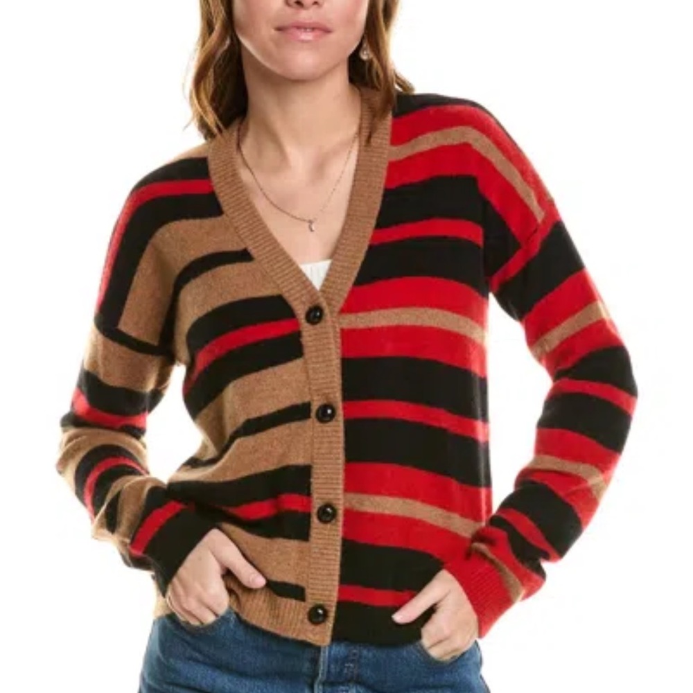 Minnie Rose Cashmere Mixed Striped Cardigan Sweater - Red, Black, and Tan